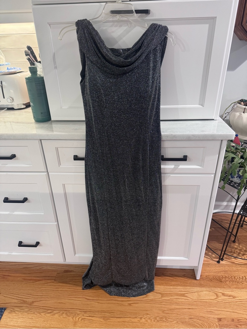 Sleeveless Metallic Charcoal Cowl Neck Evening Dress